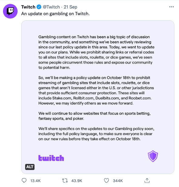 Anuncio de Twitch vía Twitter