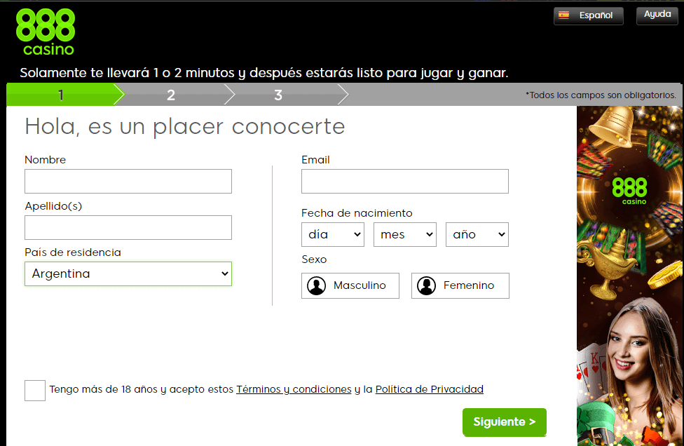Registro en 888 casino