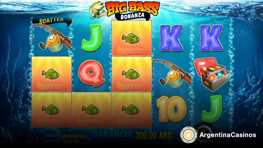 Partida de la tragamonedas Big Bass Bonanza con ganancias en pesos argentinos en un casino online recomendado por ArgentinaCasinos.