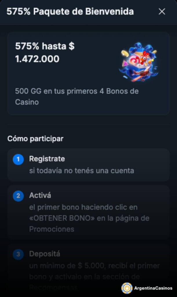 Detalle del paquete de bienvenida de Casongo Casino para jugadores de Argentina, que ofrece el 575% hasta $1.472.000 pesos y 500 giros gratis con el primer depósito.