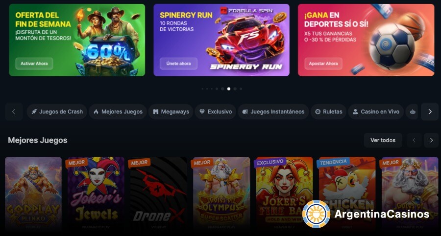 Interfaz principal de Casongo Casino en Argentina que muestra promociones de apuestas deportivas, juegos de crash y la sección de mejores tragamonedas como Godplay Plinko y Gates of Olympus. Marca de agua ArgentinaCasinos.