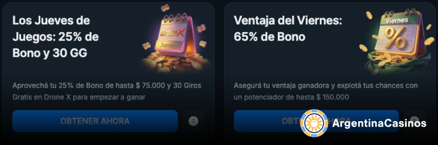 Bonos semanales de Casongo Casino en pesos argentinos, destacando el 25% de bono más 30 giros gratis los jueves y el 65% de bonificación los viernes. Logo de ArgentinaCasinos.