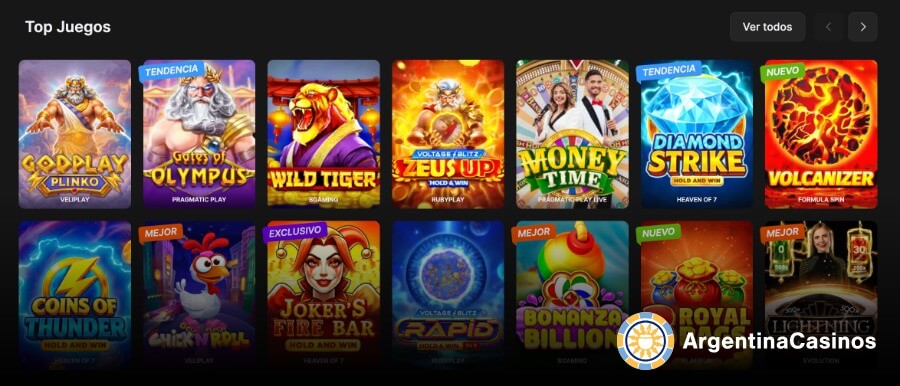 Vista de la sección 'Top Juegos' en W88 Casino Argentina con títulos populares como Godplay Plinko, Gates of Olympus de Pragmatic Play, Wild Tiger, y Money Time en vivo. Selección de tragamonedas destacadas. Logo de ArgentinaCasinos.