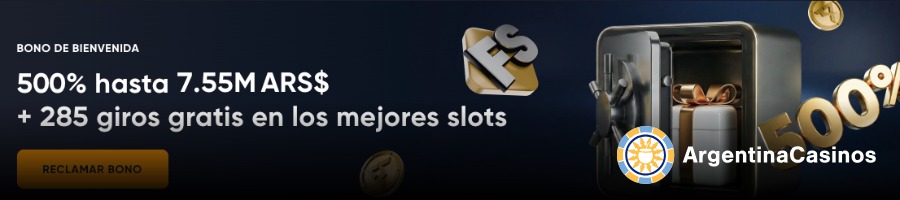 Promoción de bienvenida Spinarium Casino del 500% hasta 7.55M ARS y 285 giros gratis para tragamonedas con logo de ArgentinaCasinos.com