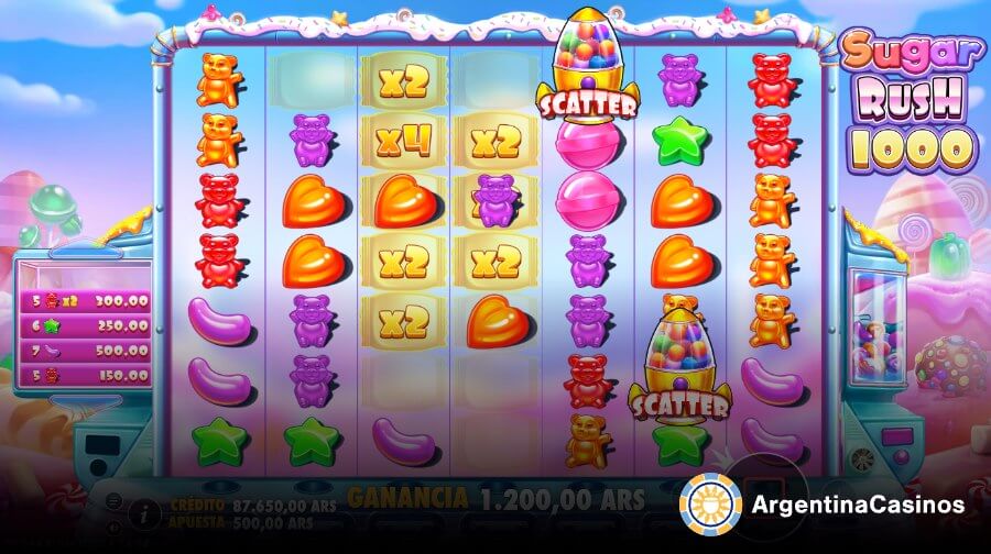 Pantalla de juego de la tragamonedas Sugar Rush 1000 con multiplicadores activos y scatters